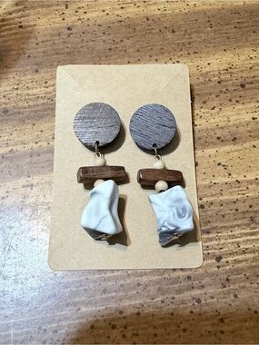 Handmade Wooden & Marbleized Drop Earrings - Brown and White